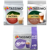 Kawa w kapsułkach i saszetkach - Zestaw kapsułek Tassimo Jacobs Latte Macchiato Classico 8 szt. + Cafe Au Lait 16 szt. + Milka 10 szt. - miniaturka - grafika 1