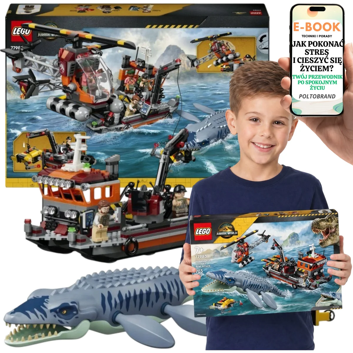 LEGO JURASSIC WORLD Atak mozazaura na łódź LEGO Dla Syna i Córki 77983 703 el. wysokość 13 cm