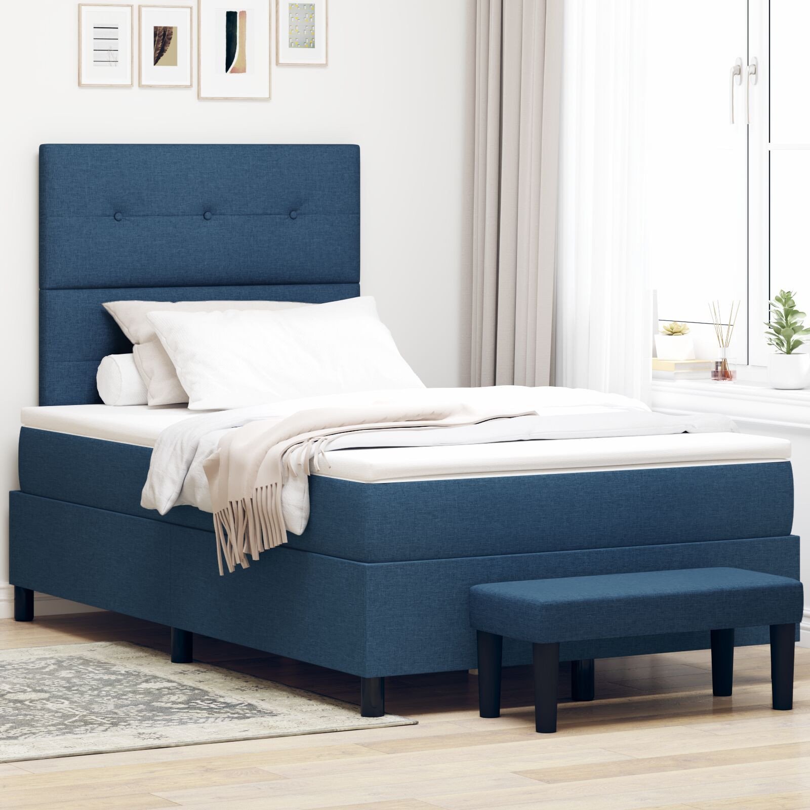 vidaXL Łóżko box spring z materacem i ławą Niebieskie 120x200 cm Tkanina