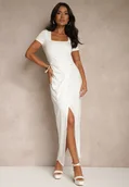 Sukienki - Biała Sukienka z Wiskozą Ozdobiona Marszczeniem i Rozcięciem na Nogę Milanorea - miniaturka - grafika 1