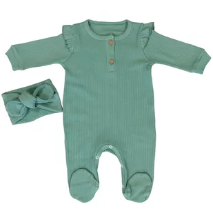 Komplet niemowlęcy bawełna prążkowana pajac opaska zielony - Pajacyki dla niemowląt - miniaturka - grafika 1