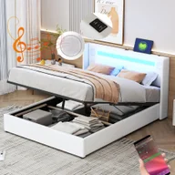 Łóżka - Łóżko tapicerowane Flieks 140x200cm z odtwarzaczem USB i Bluetooth, łóżko na sprężynach skrzyniowych, łóżko podwójne z LED i stelażem listwowym, łóżko młodzieżowe, PU, białe - miniaturka - grafika 1