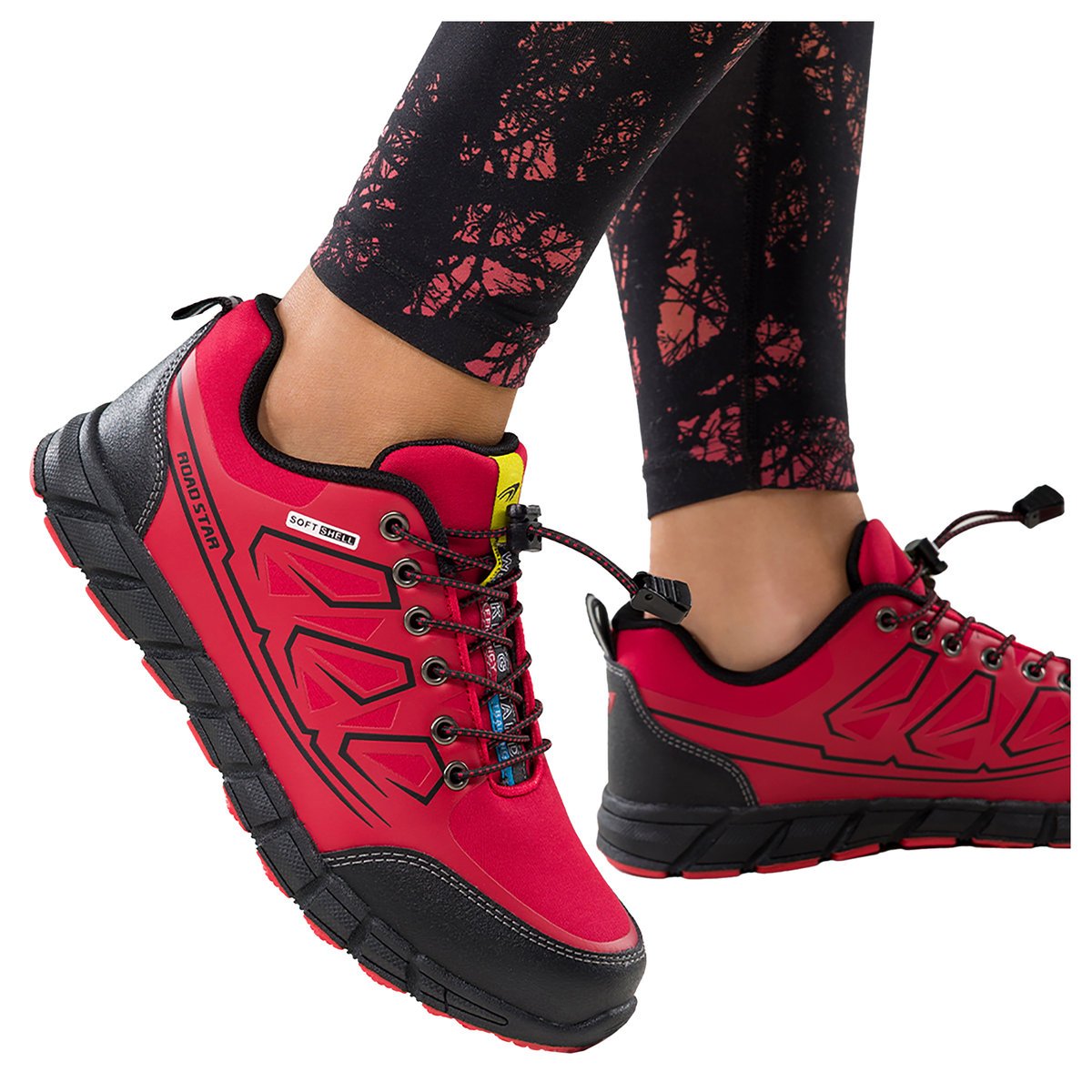 Czerwone buty trekkingowe damskie buty sportowe na bieżnikowanej podeszwie z regulowaną elastyczną sznurówką czarne wstawki softshell Casu 2309-3W-41