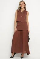 Komplety damskie - Brązowy Dzianinowy Komplet z Wiskozą Kamizelka na Guziki i Rozkloszowana Spódnica Felinelle - miniaturka - grafika 1