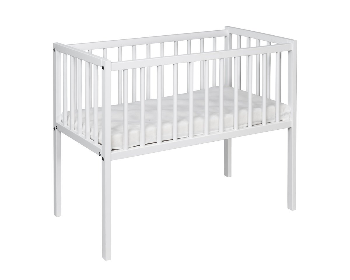 Łóżeczko Charlie biały 80x40 BUKOWE dostawka MATERAC opuszczany bok szelka