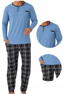 Niebieska piżama męska bawełniana guziczki spodnie w kratkę komplet 3XL - Piżamy damskie - miniaturka - grafika 1
