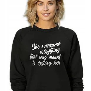 CZARNA BLUZA DAMSKA Dresowa SHE OVERCAME ZABAWNE WZORY Rozmiar XL - Bluzy damskie - miniaturka - grafika 1