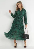 Sukienki - Ciemnozielona Sukienka Rozkloszowana z Wiązanym Paskiem Gylten - miniaturka - grafika 1
