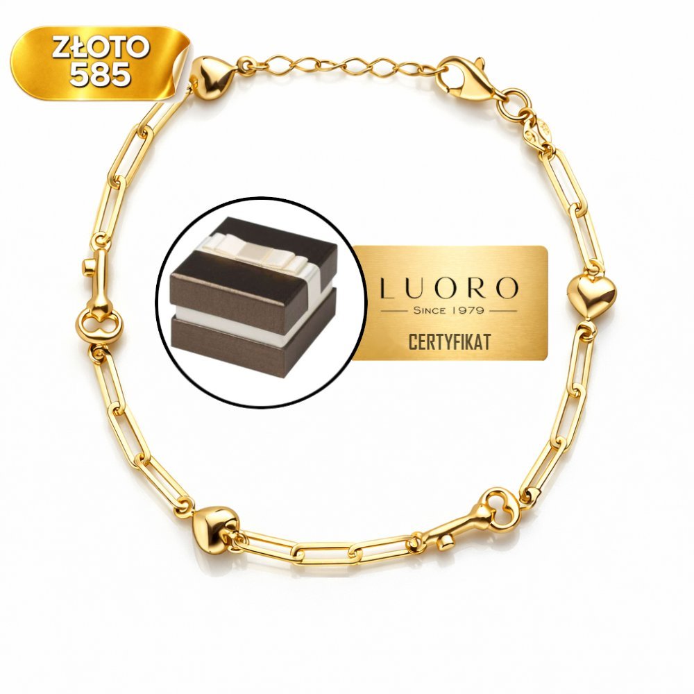 BRANSOLETKA ZŁOTA 585 14K SERCE KLUCZYK OGNIWA ŻÓŁTA 17 CM REGULOWANA