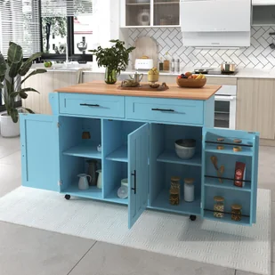 Wózek kuchenny Merax z wysuwanym blatem, wyspa kuchenna na 5 kółkach, wózek do serwowania, szafka kuchenna, wózek kuchenny, 129x46(71)x91,5 cm, niebieski - Wózki kuchenne - miniaturka - grafika 1