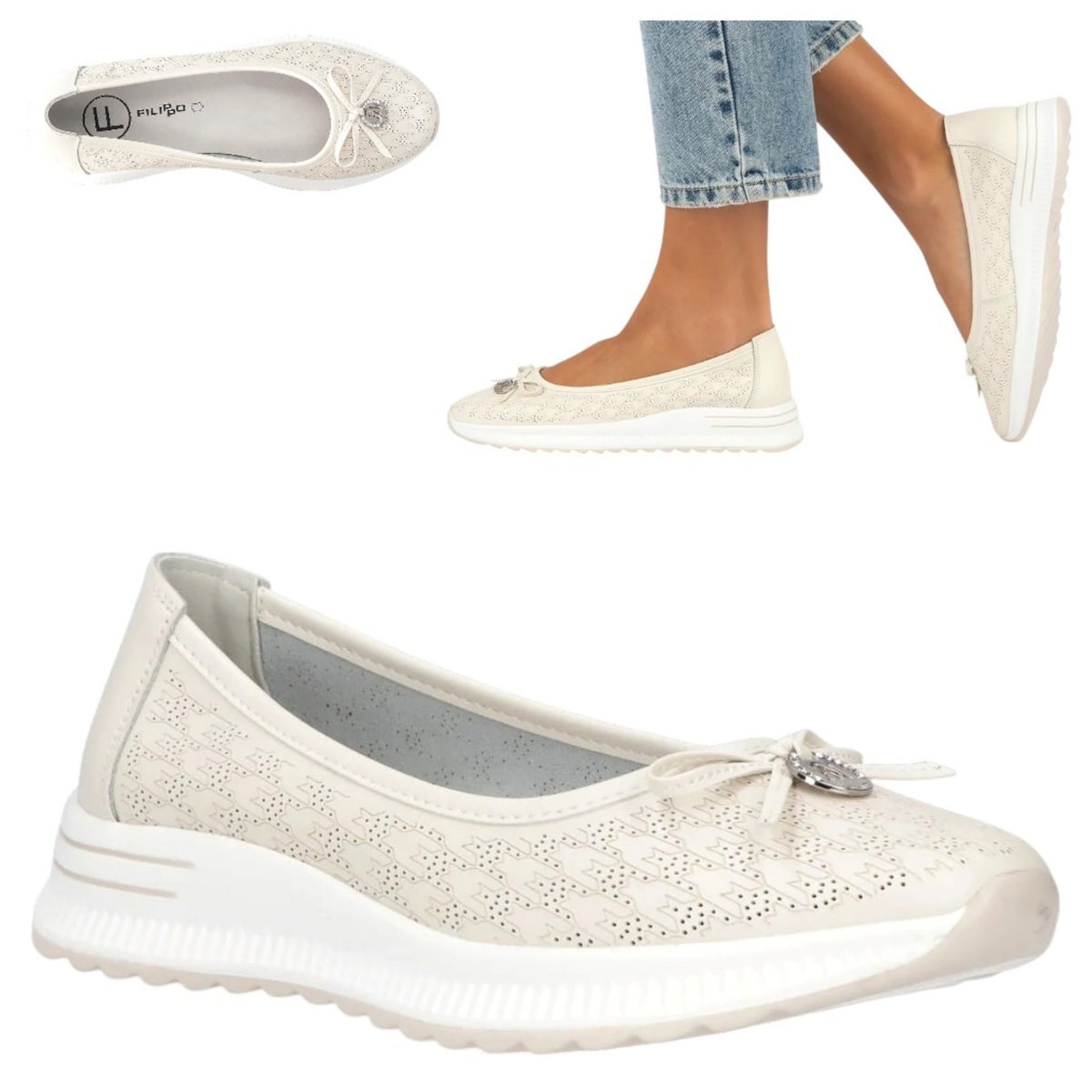 Baleriny Damskie SKÓRZANE FILIPPO Ażurowe Beż sportowe Półbuty Wsuwane 36