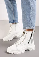 Botki damskie - Białe Traperki Botki na Grubej Podeszwie z Ozdobnym Suwakiem Floraline - miniaturka - grafika 1