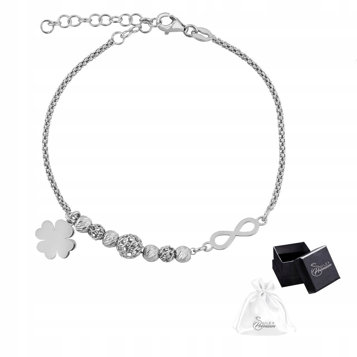 Bransoletka srebro pr. 925 Rodowana Fantazja Koniczynka Nieskończoność