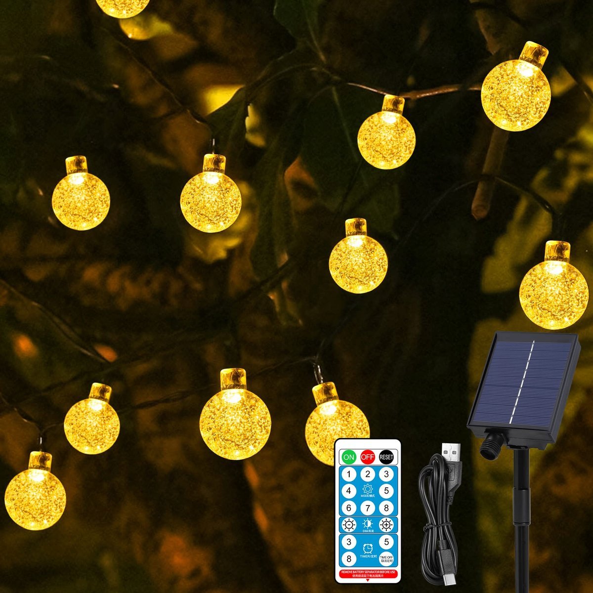 Lampki ogrodowe HALOY Solarne 11,5m 60 LED IP65 kryształowe kule pilot