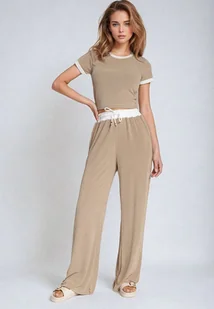 Beżowy Prążkowany Komplet T-shirt z Krótkim Rękawem Szerokie Spodnie ze Ściągaczem Vimaleen - Komplety damskie - miniaturka - grafika 1