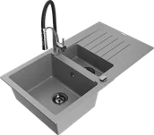 Zlewozmywaki z baterią - Mexen Matias zlewozmywak granitowy 1,5-komorowy z ociekaczem i baterią kuchenną Aster, szary - 6502-71-73450-07-B - miniaturka - grafika 1