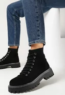 Botki damskie - Czarne Botki Traperki z Imitacji Zamszu z Elastyczną Cholewką Segen - miniaturka - grafika 1