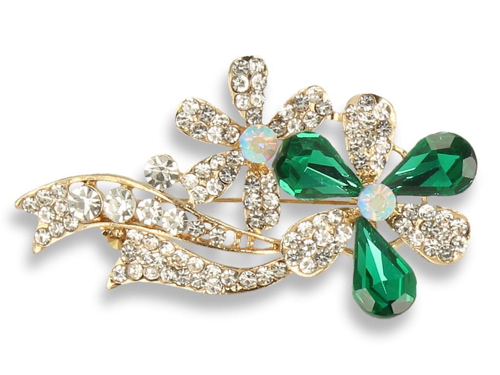 Broszka Damska Złota Kwiat Z Zielonymi Kamieniami