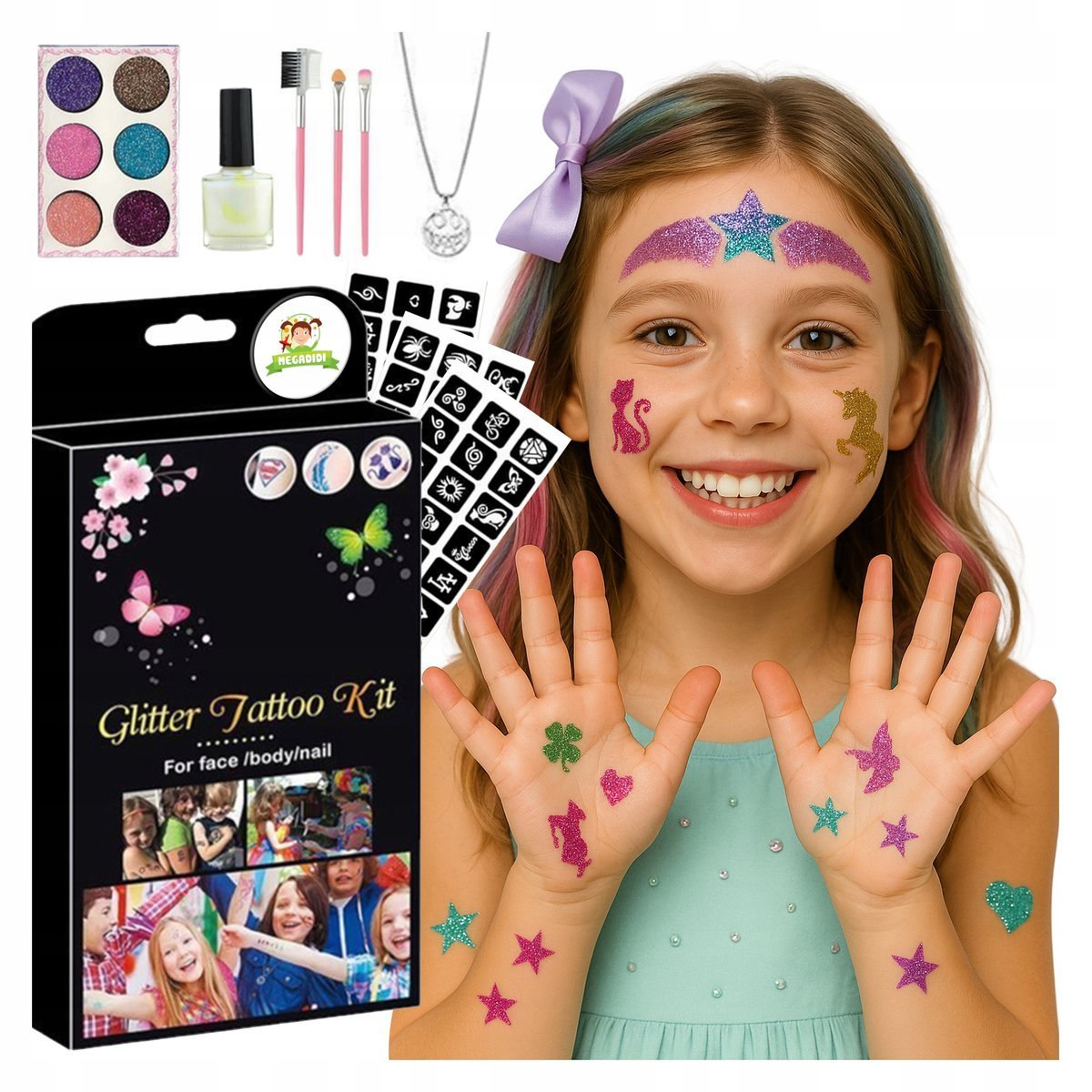 Tatuaże Brokatowe Zestaw Szablony Samporzylepne Klej Pędzelki Biżuteria