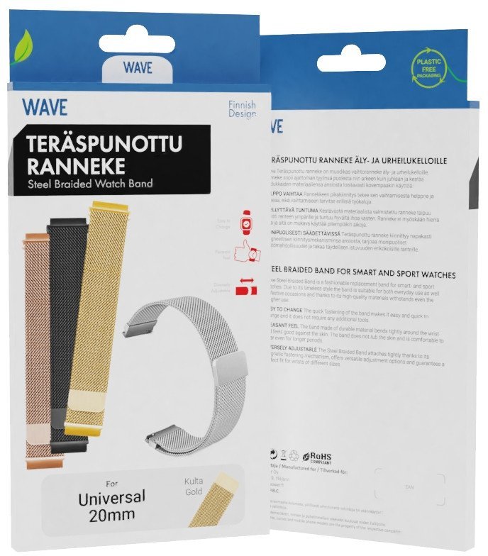 Wave steel braided strap 20mm, for smartwatches and sports watches, gold