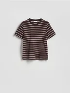 Koszulki i topy damskie - Reserved - T-shirt regular z merceryzowanej bawełny - ciemnobrązowy - miniaturka - grafika 1