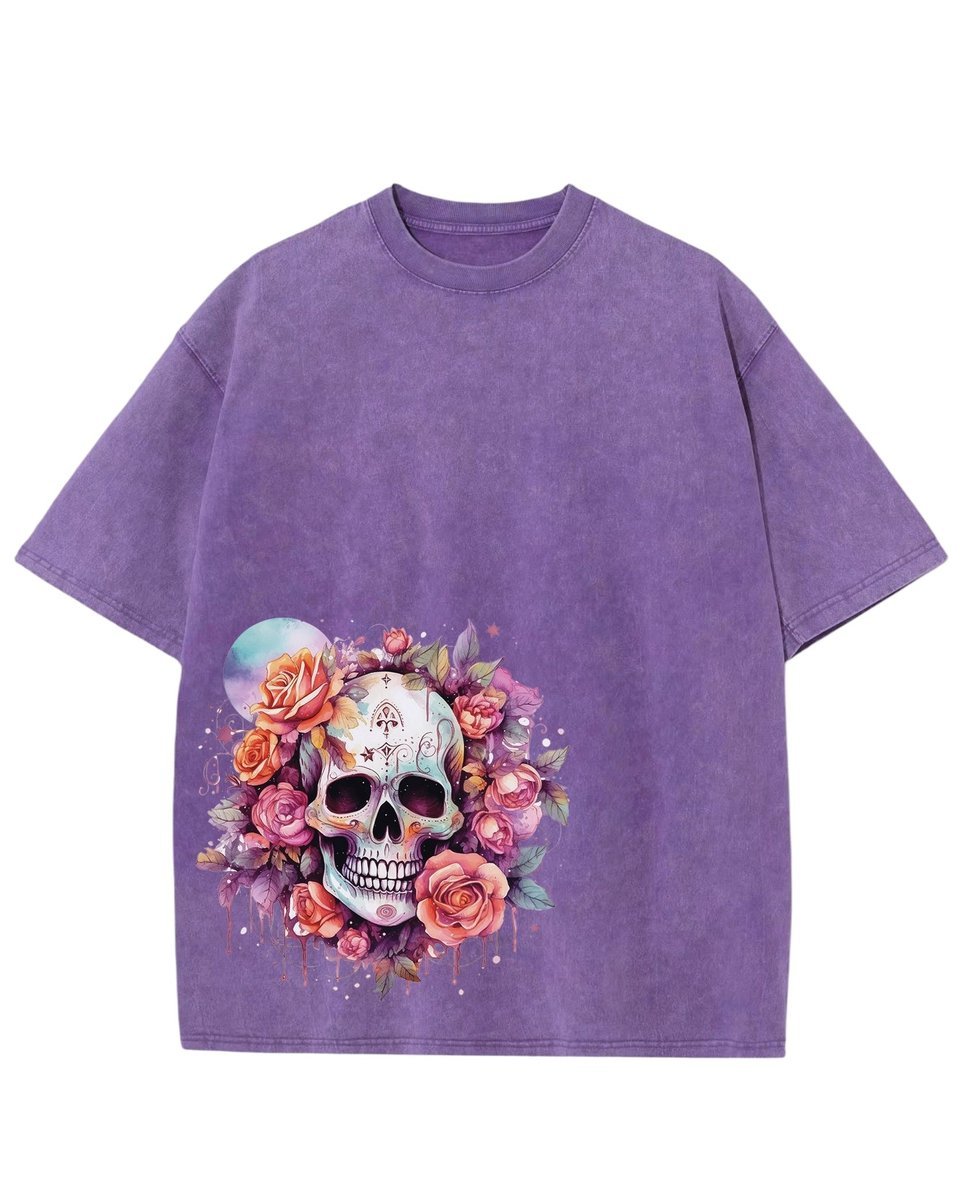 Damska koszulka oversize efekt sprania Czaszka w Różach Kwiaty Fioletowa XL