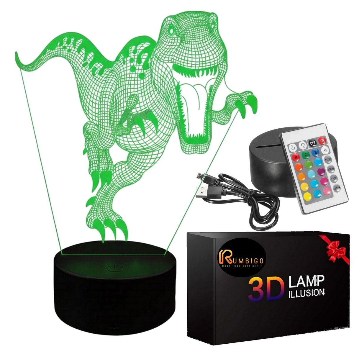 Lampka Nocna 3D DINOZAUR T-REX Rumbigo LED RGB Pilot PREZENT dla Dzieci USB