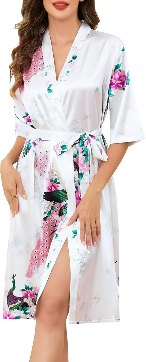 SZLAFROK DAMSKI DŁUGI SATYNOWY KIMONO KWIATY PAW BIAŁY S-XXL