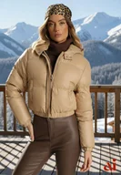 Kurtki damskie - Ciemnobeżowa Pikowana Kurtka z Nieodpinanym Kapturem o Krótkim Kroju Tinneira - miniaturka - grafika 1