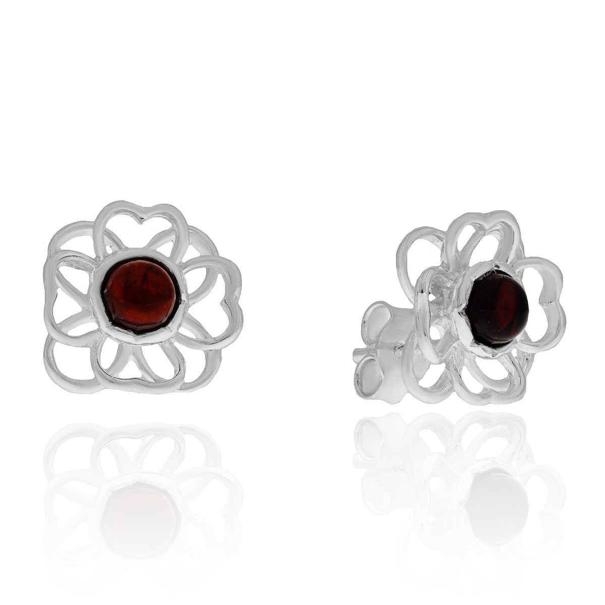 Srebrne kolczyki z bursztynem sztyft kwiat pr. 925