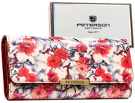 Portfele - Duży klasyczny portfel damski ze skóry ekologicznej czerwony w kwiaty PETERSON rozbudowany i pojemny pudełko na prezent ochrona kart RFID STOP - miniaturka - grafika 1