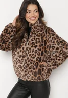 Kurtki damskie - Brązowa Futerkowa Kurtka ze Ściągaczami i Stójką w Cętki Viazelle - miniaturka - grafika 1