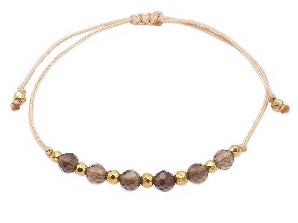 Beżowa bransoletka sznurkowa regulowana kwarc dymny Równowaga