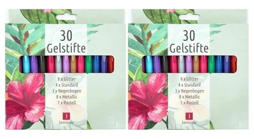 TerCasa 998701-1 długopisy żelowe, zestaw 2 x 30 sztuk, 2 etui z 30 długopisami żelowymi z brokatem, tęczą, metaliczne, standardowe i pastelowe efekty kolorystyczne, 60 żelowych pisaków do delikatnego