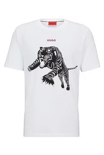 Koszulki męskie - HUGO Męski T-shirt Darpione z bawełnianego dżerseju z grafiką i logo, Open White120, M - grafika 1