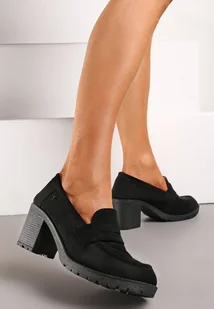 Czarne Półbuty na Słupku z Niską Platformą w Stylu Mokasynów z Imitacji Zamszu Aricandia - Półbuty damskie - miniaturka - grafika 1