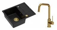 Zlewozmywaki z baterią - Quadron Unique Zlewozmywak granitowy jednokomorowy 62*50*22 cm z ociekaczem MORGAN 116 PURE CARBON z syfonem Push-2-Open w kolorze złotym z baterią NATALIE Q LINE kolor złoty - miniaturka - grafika 1