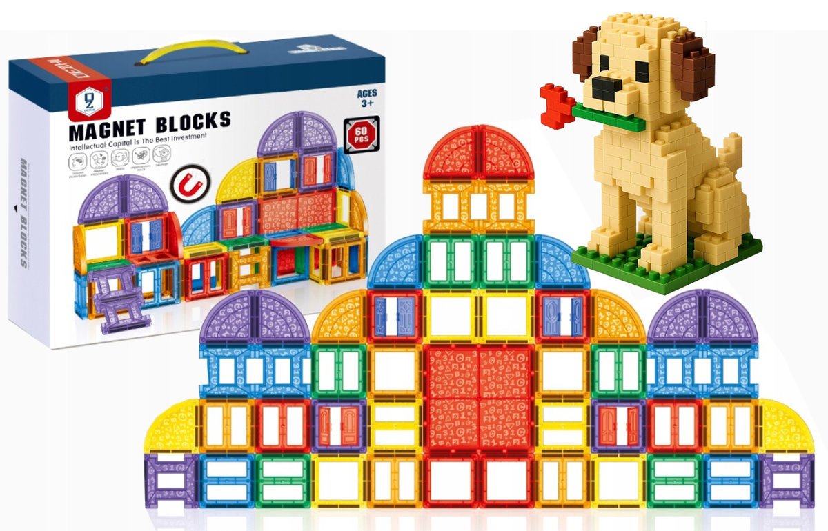KLOCKI MAGNETYCZNE 60el KONSTRUKCYJNE EDUKACYJNE 3D KREATYWNE 151A
