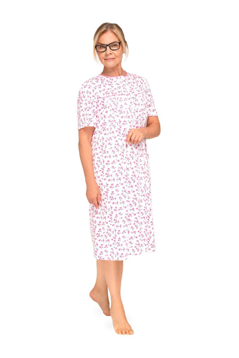 KOSZULA NOCNA DAMSKA 2XL KRÓTKI RĘKAW BAWEŁNIANA ROZPINANA RÓŻOWA KWIATY