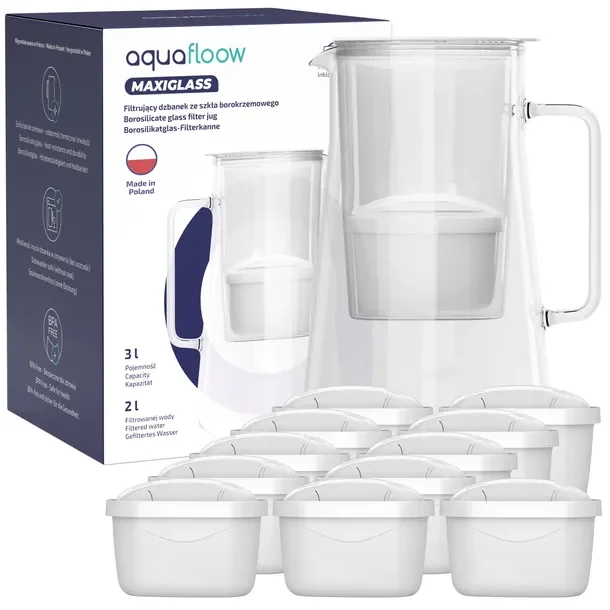 Dzbanek filtrujący szklany AquaFloow MaxiGlass 3l biały + 12x filtr do wody