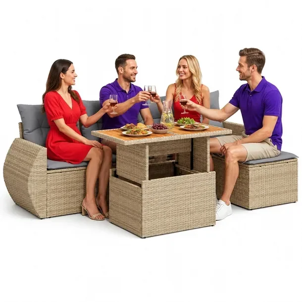 Zestaw mebli ogrodowych beżowy z rattanem PE, wymiary: 71x62x69 cm, 55x55x