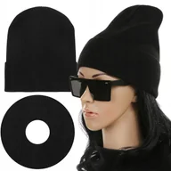 Czapki damskie - Czapka Damska Kobieca Beanie Wywijana Na Jesień Zimę Ciepła Czarny Czerń - miniaturka - grafika 1