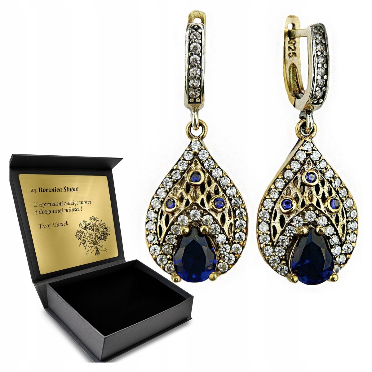 Kolczyki Srebrne 925 Cyrkonie Szafir Biżuteria Dla Kobiety + Grawer