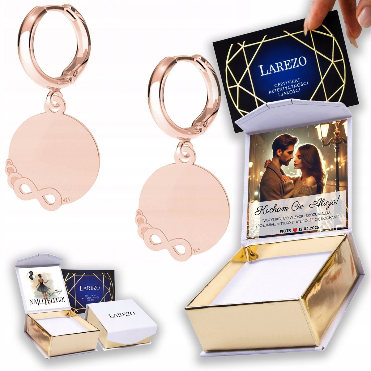 Kolczyki Pozłacane 925 Okrągłe Blaszki z Nieskończonością Ósemki NADRUK