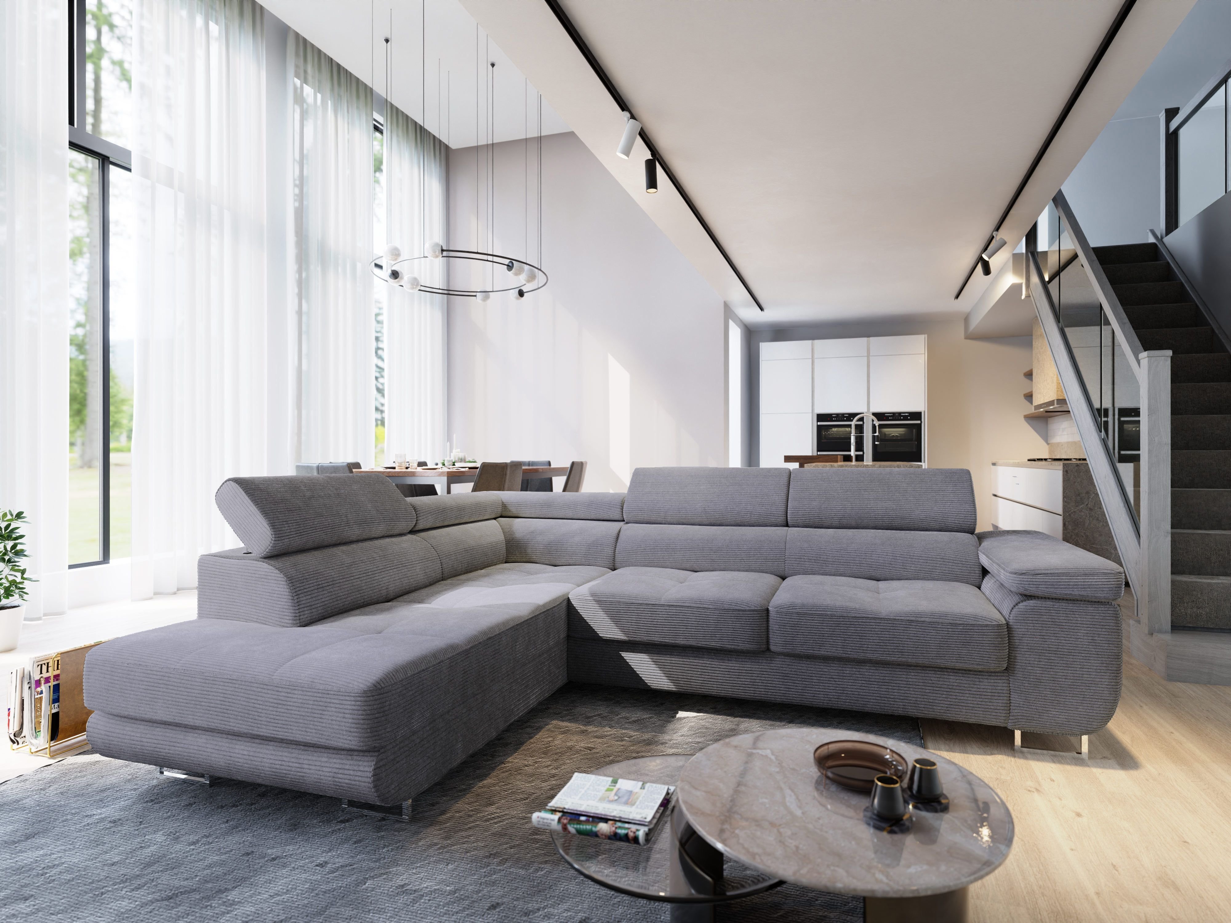 Masseno Narożnik APIRO L-S z funkcją spania i pojemnikiem na pościel Kształt L, Rozkładana sofa, Rogówka - Szary, POSO 60