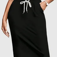 Spódnice - TEMU Spódnica Midi w Kolorze Czarnym dla Kobiet - Regulowany Pas ze Sznurkiem, Średnia Elastyczność, Możliwość Prania i Czyszczenia Chemicznego, - miniaturka - grafika 1