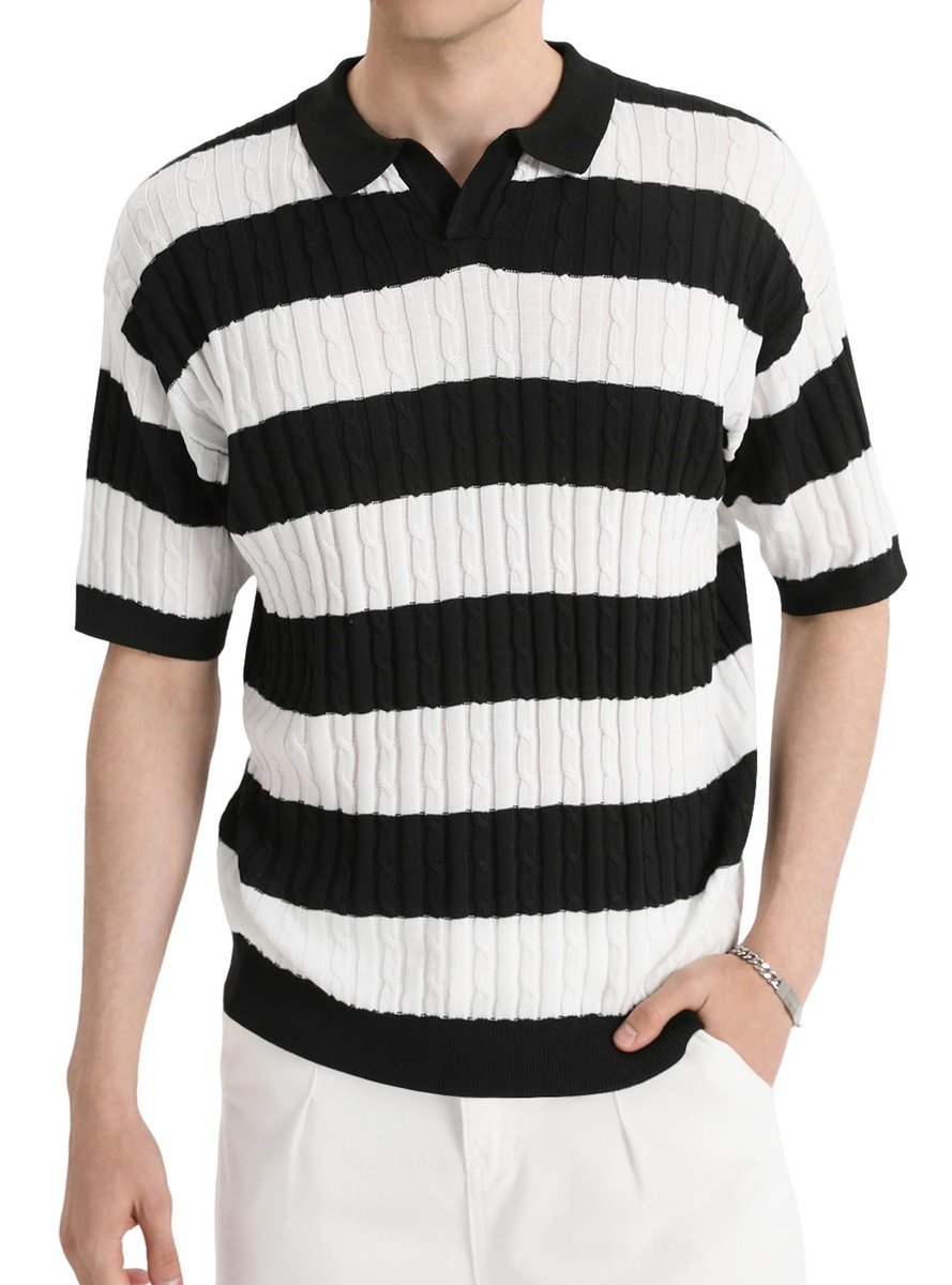 HYPESTFIT Męska Koszulka Polo z Krótkim Rękawem w Paski Elegancka Czarna S