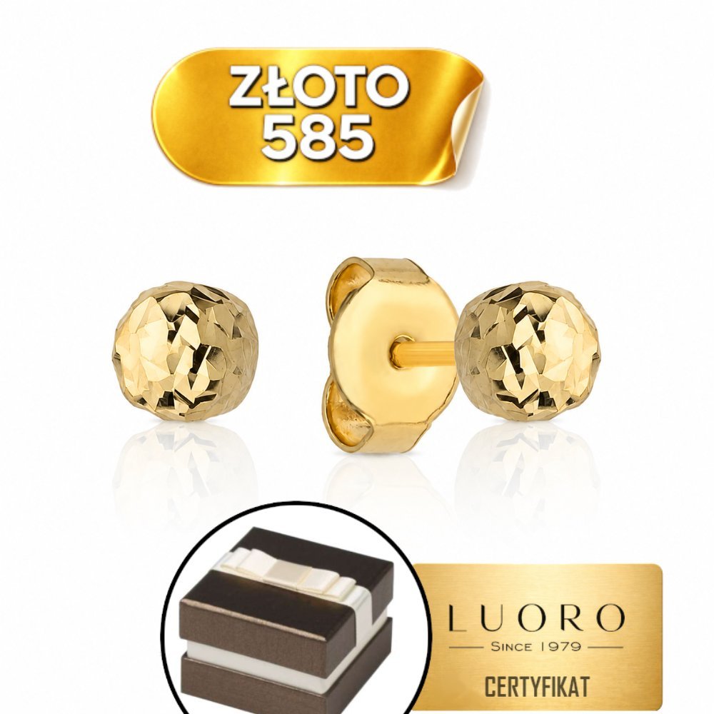 KOLCZYKI ZŁOTE 585 14K DIAMENTOWANE KULKI 5 MM SZTYFT ELEGANCKIE
