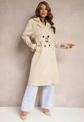 Płaszcze damskie - Beżowy Długi Płaszcz Trencz Dwurzędowy z Paskiem w Komplecie Sabila - miniaturka - grafika 1