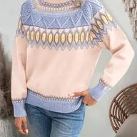 Swetry damskie - TEMU Elegancki sweter damski z patchworkiem - miękki, rozciągliwy, długi rękaw, okrągły dekolt, kolorowy geometryczny i paskowany wzór, idealny na , - miniaturka - grafika 1